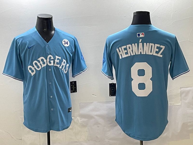 Men Los Angeles Dodgers 8 Hernandez Light Blue Throwback Game 2025 Nike MLB Jersey style 7